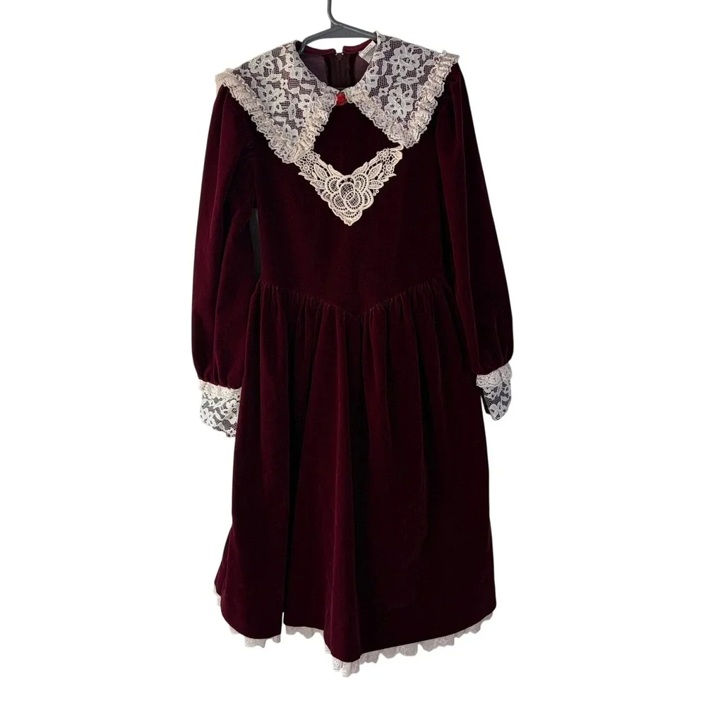 Vintage Girls Burgundy Velvet Lace Collar Dress Size 8 Red Rose Holiday USA Made